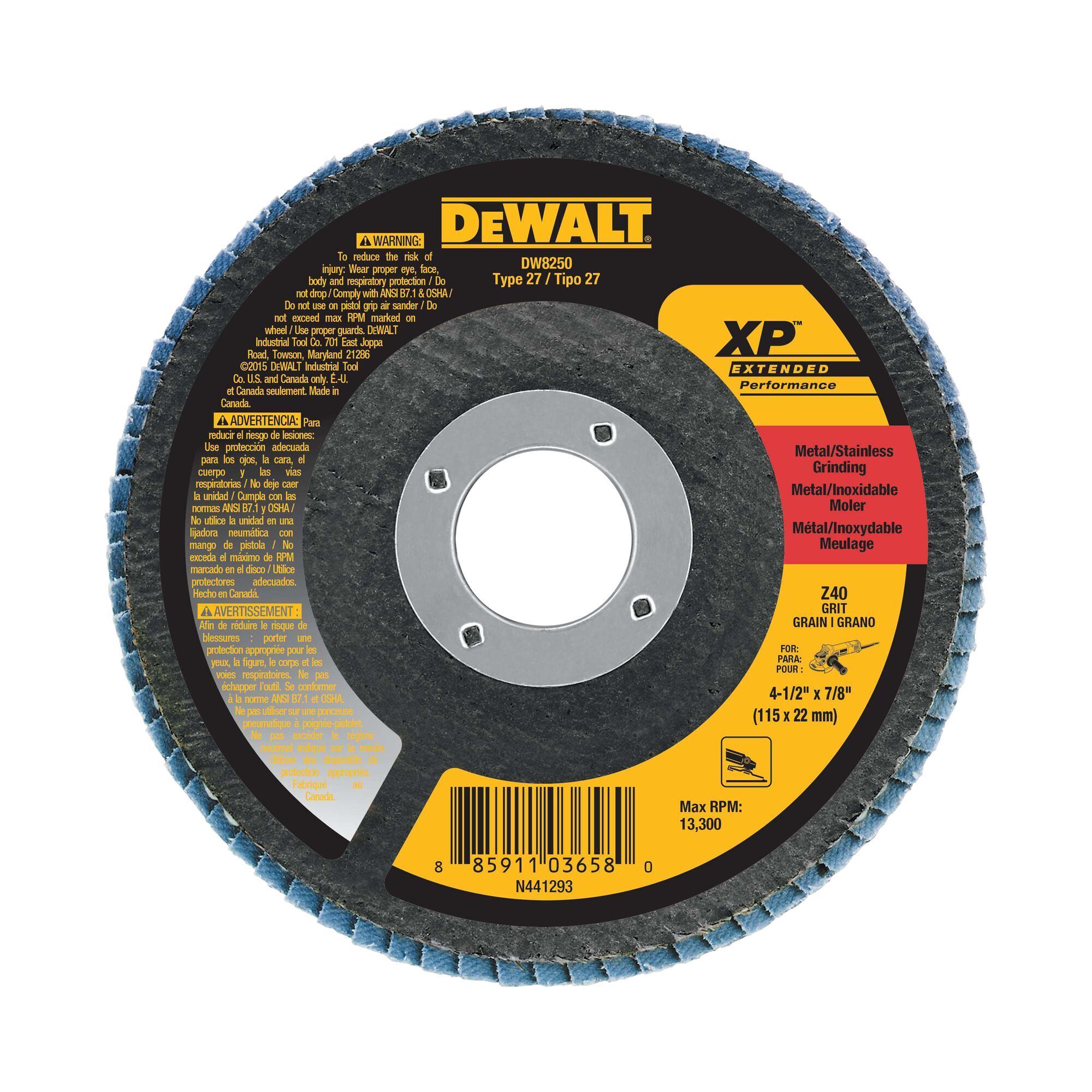 DEWALT Ceramic Flap Disc, 4-1/2in. x 7/8in., 40 Grit, Contaminant-Free, Model# DW8250